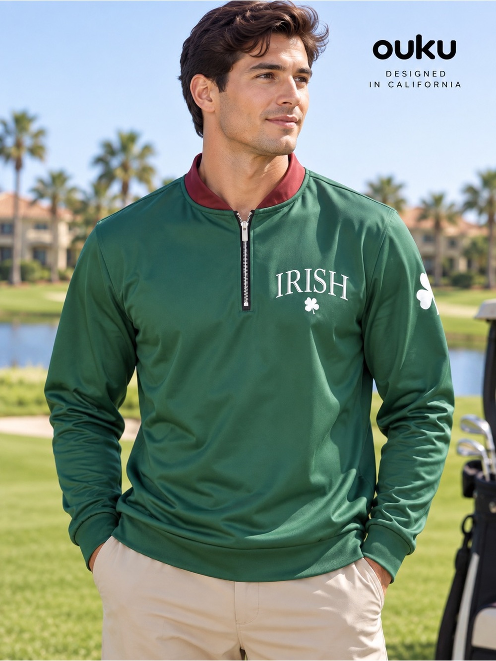 OUKU NWT Men’s Green Irish Shamrock Quarter Zip Golf Pullover Size XL